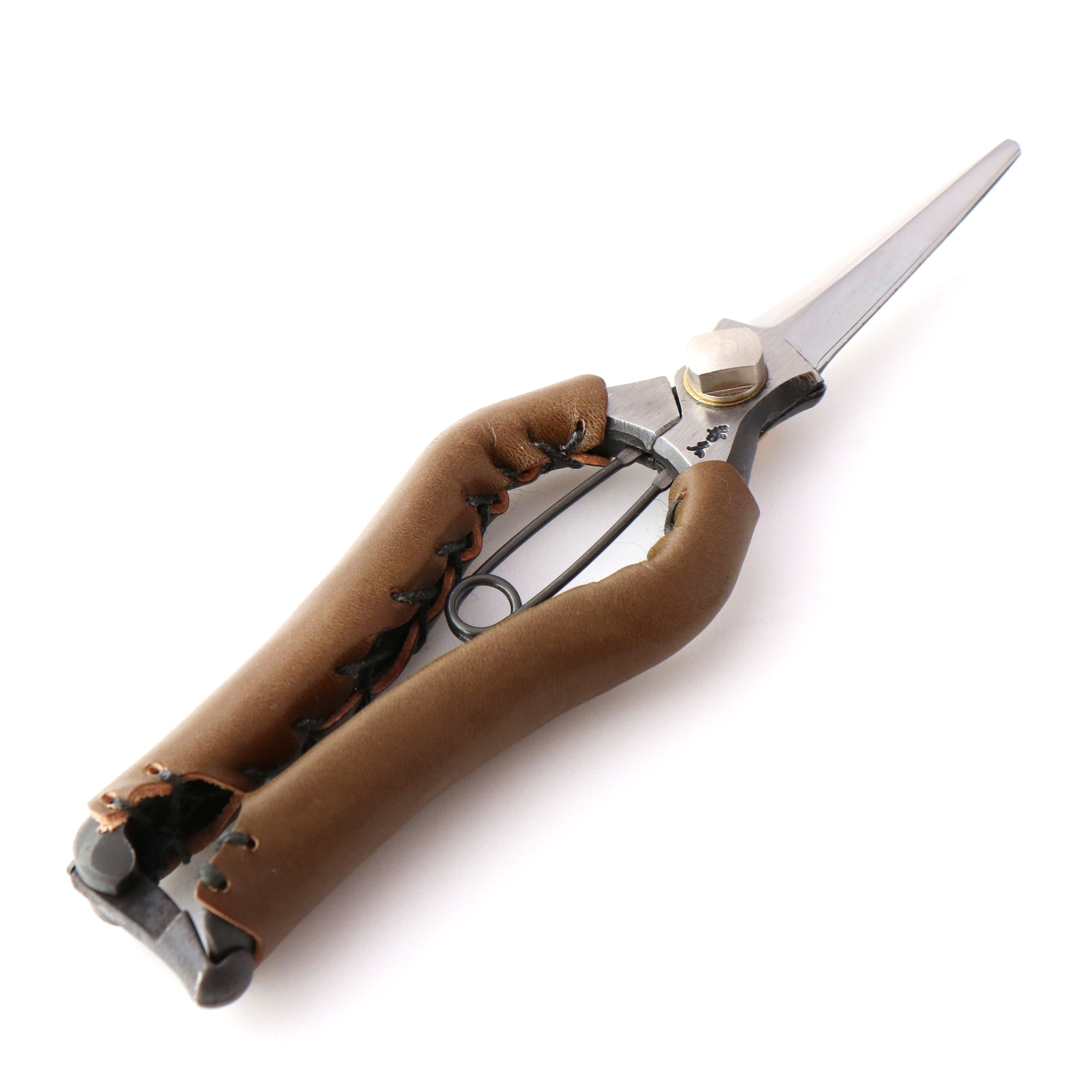 T17O Hand-Forged High-Carbon Steel Snips with Symmetrical Grip and Olive Leather Wrap