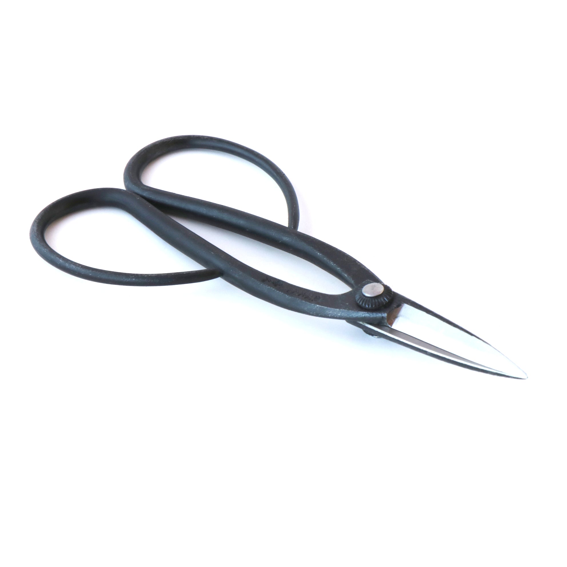 A pair of black hand-forged bonsai scissors with a sharp cutting edge, suitable for gardening and pruning.