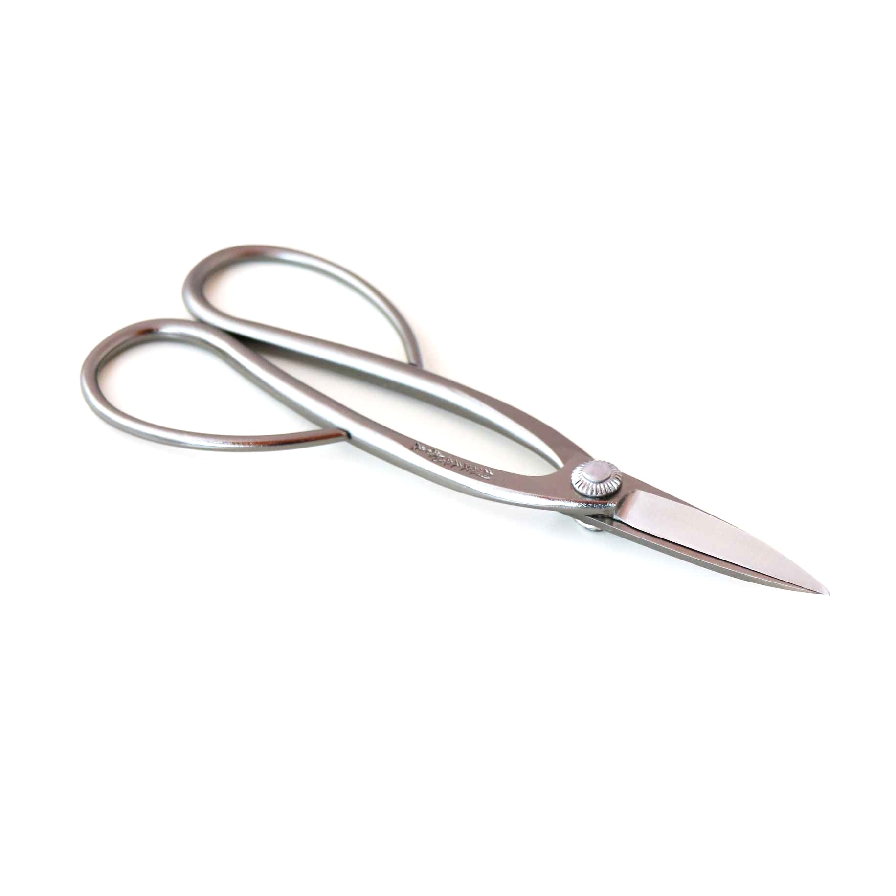 Pair of silver scissors on a white background
