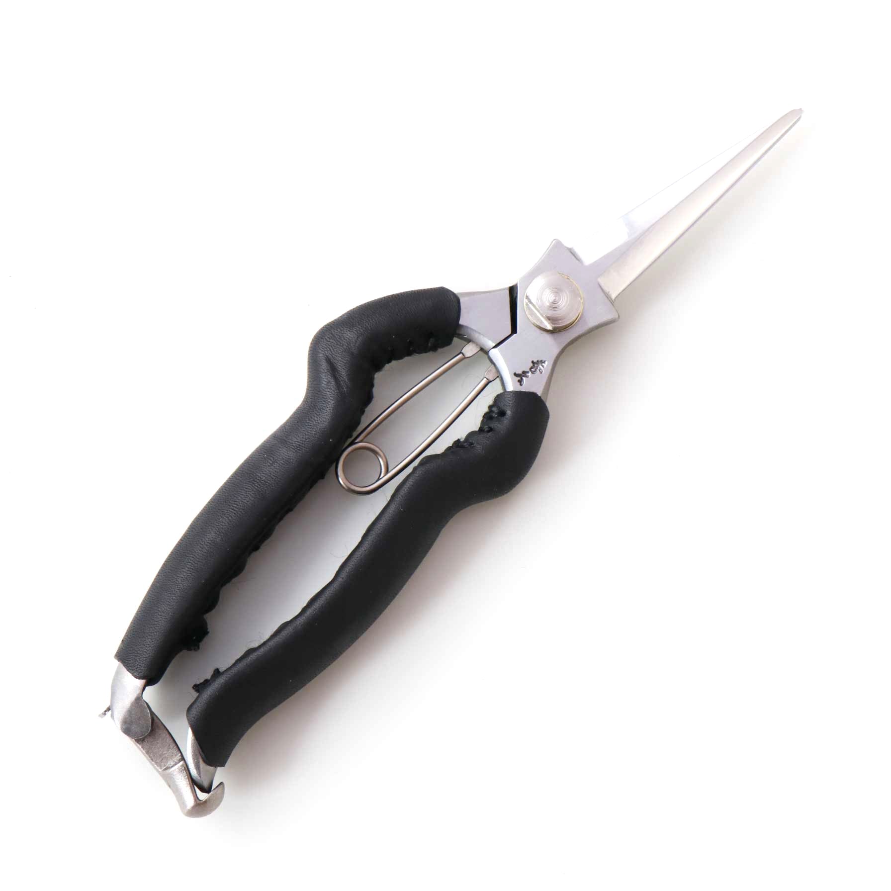 T527B Hand-Forged Stainless Steel Snips with Asymmetrical Black Leather-Wrapped Grip