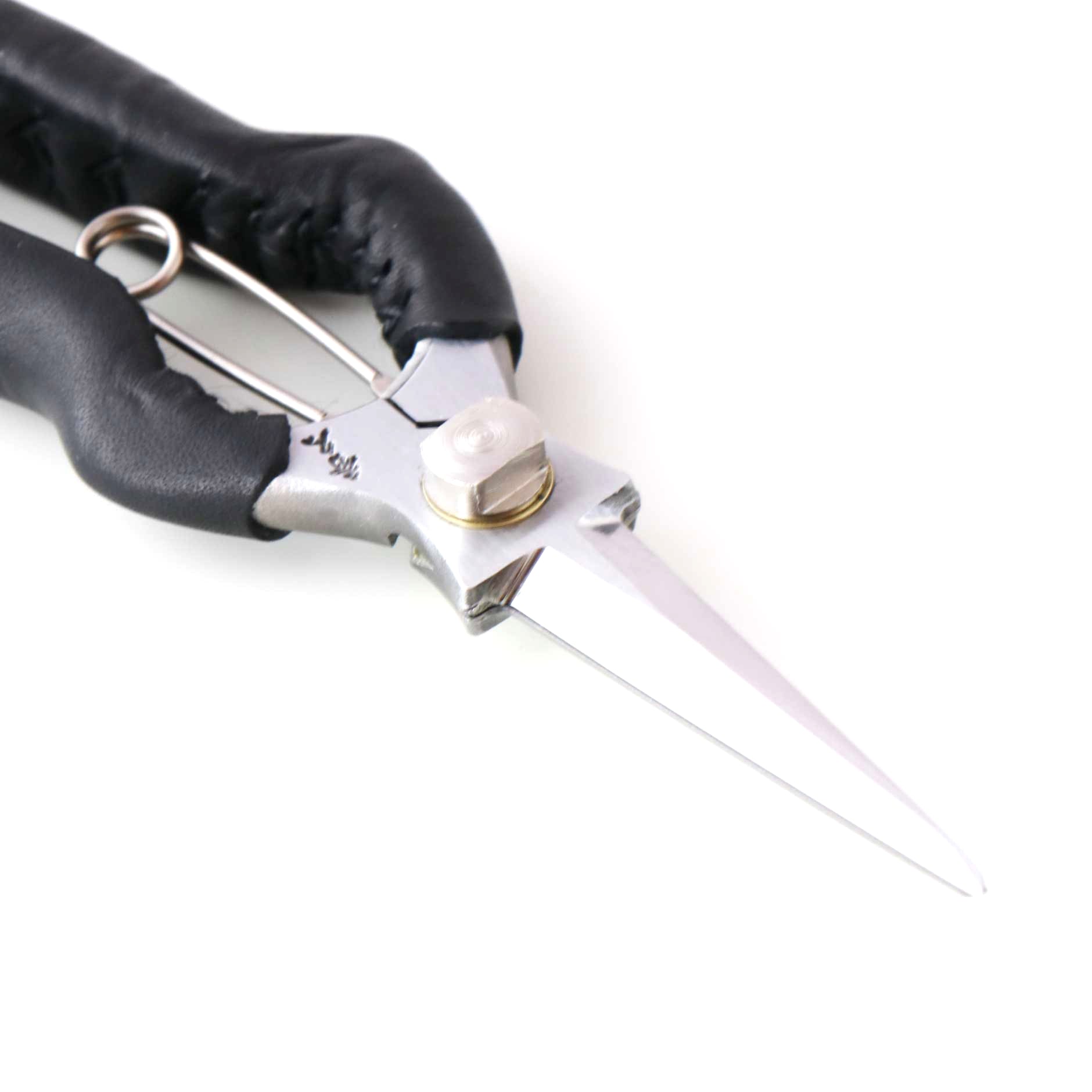 T527B Hand-Forged Stainless Steel Snips with Asymmetrical Black Leather-Wrapped Grip
