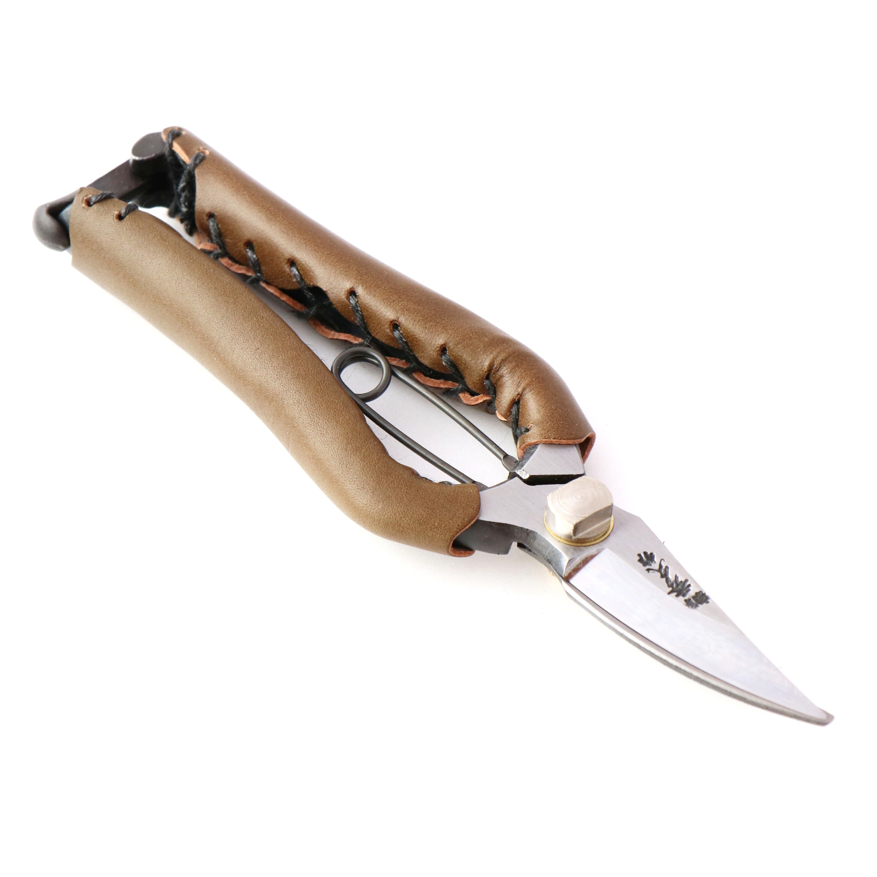 T19O Hand-Forged Multi-Purpose Pruning Shears/Secateurs with Symmetrical Grip and Olive Leather Wrap