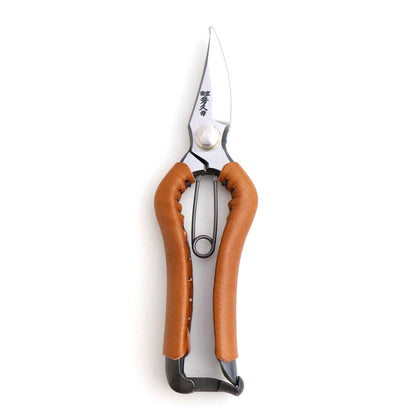 T19C Hand-Forged Multi-Purpose Pruning Shears/Secateurs with Symmetrical Grip and Camel Leather Wrap