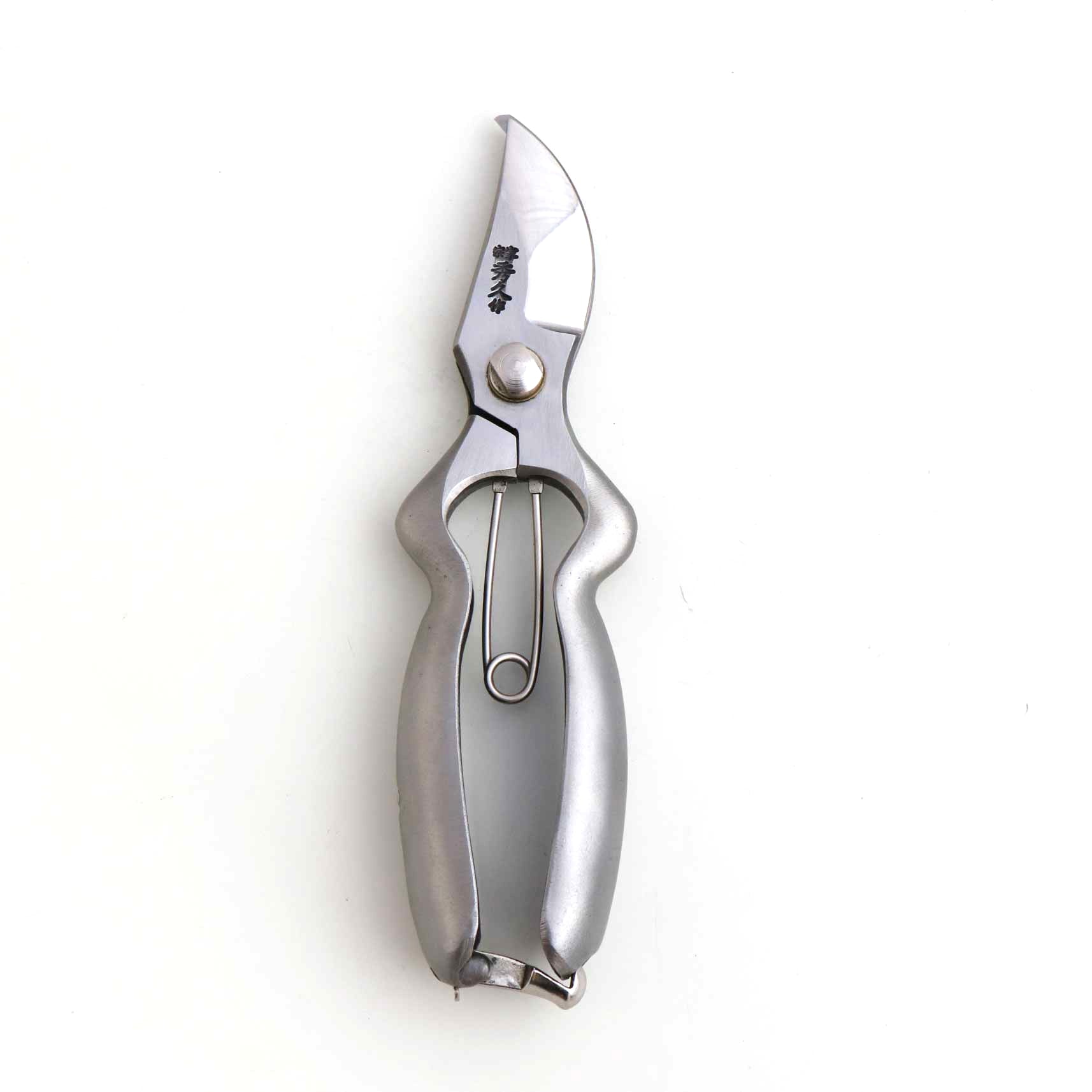 Metallic garden pruner on a white background