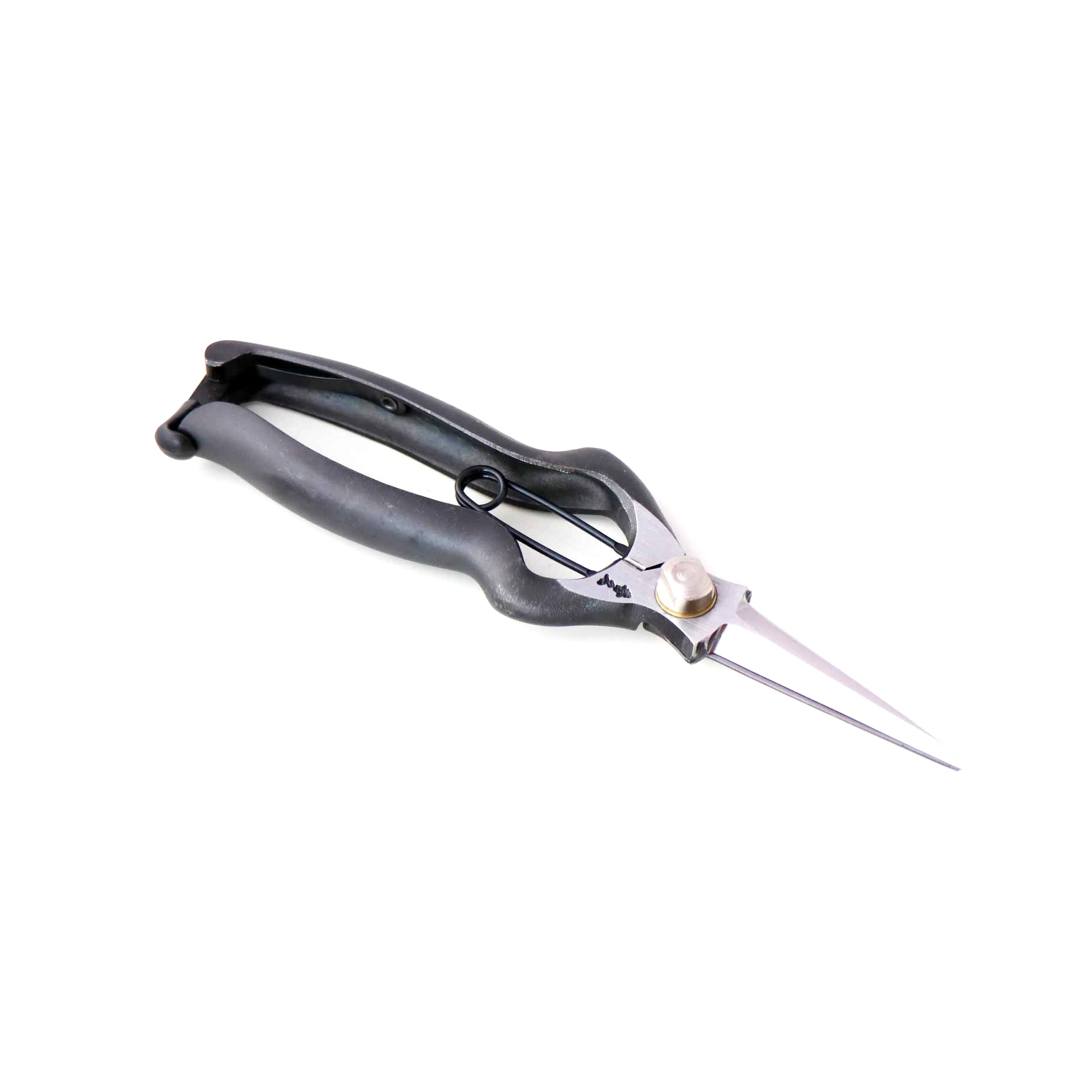 Forked-tine scissors with black handles on a white background