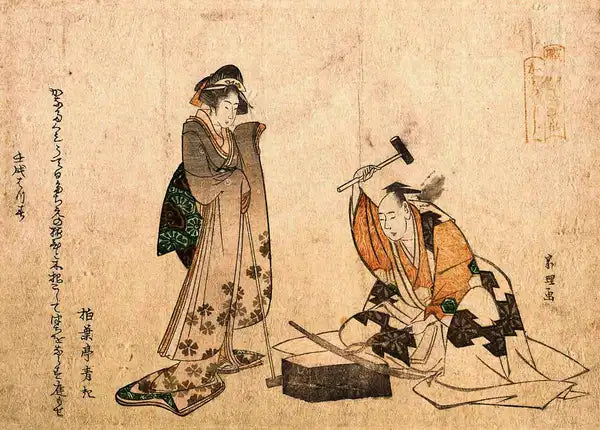 Traditional Japanese ukiyo-e style illustration depicting artisans at work.