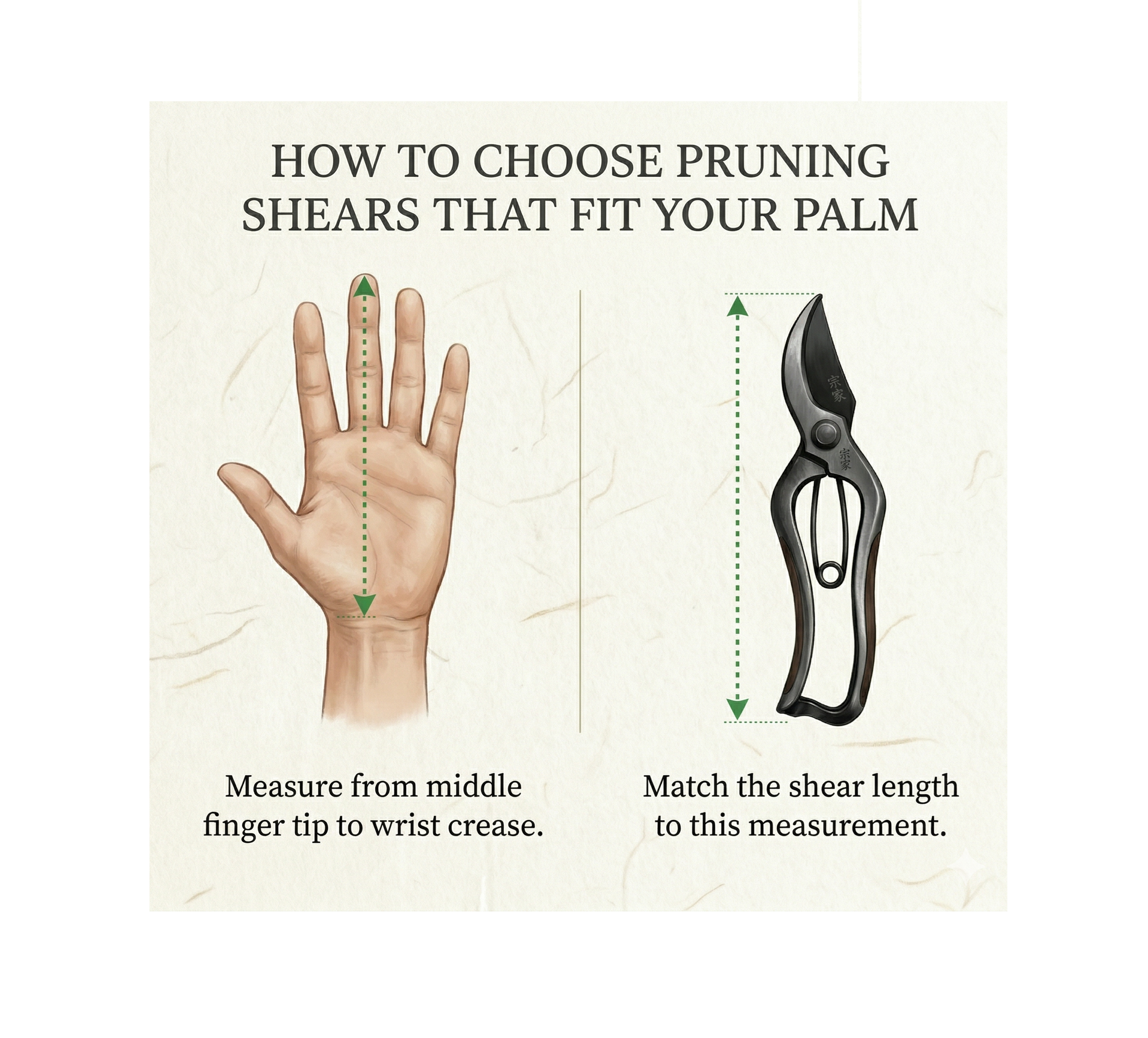 Pruning shear size selection guide by Toyama Hamono 