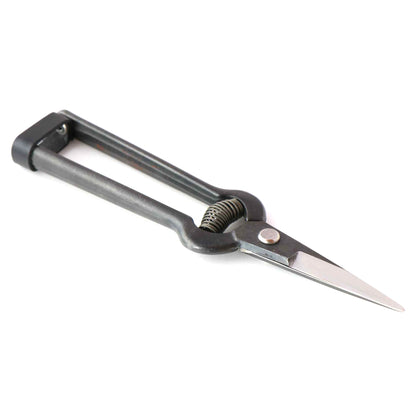 A pair of sharp, black-handled garden snips with a metal blade, isolated on a white background.